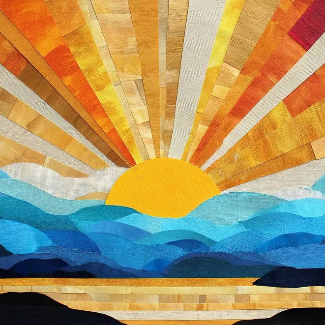sunset-paper-collage-art-rising-sun-rays-blue-mountain-landscape-textured-paper-collage-art-showcases-yellow-sun-rising-378884014